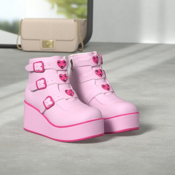Lucky Step Women Pink Round Toe Zipper Wedges High Heel Rave Buckle Booties - Picture 2 of 7